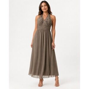 Pretty Maids Mocha Brown Halter Pleated Chiffon Maxi Gown Womens Size 14